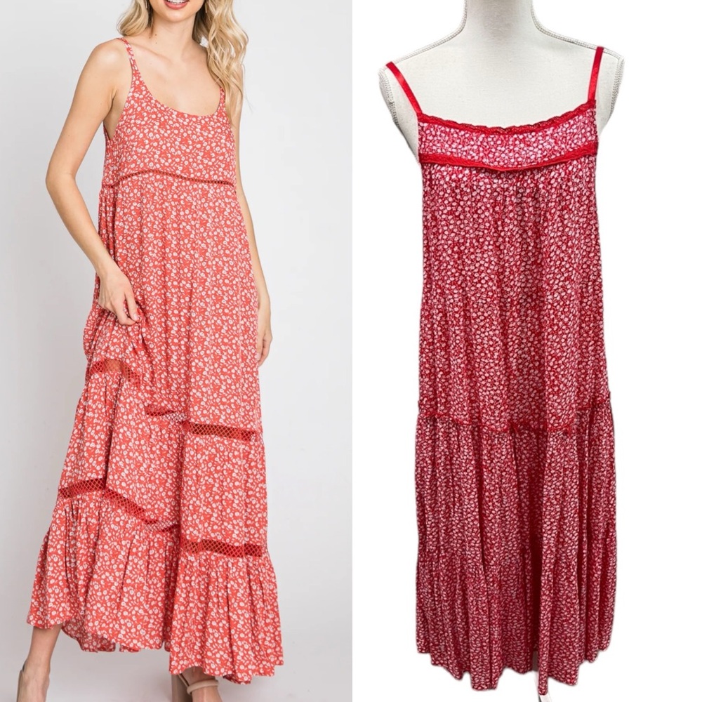 Easel Red & White Ditsy Floral Midi Sundress